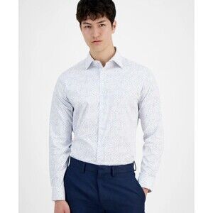 Alfani Dress Shirt Medium 15-15.5 34/35 White Cobalt Slim-Fit Dash-Print Stretch
